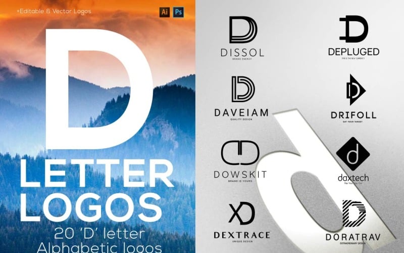 20 D bokstäver Alfabetiska logotyper