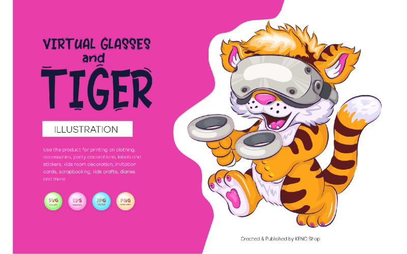 Tigre de dessin animé et lunettes virtuelles.
