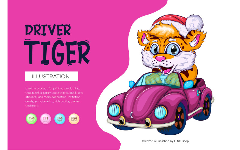 Tigre de dibujos animados en el coche. Camiseta, PNG, SVG.
