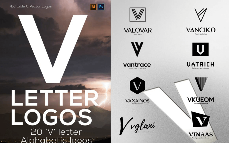 20 V Letter Alphabetic Logos