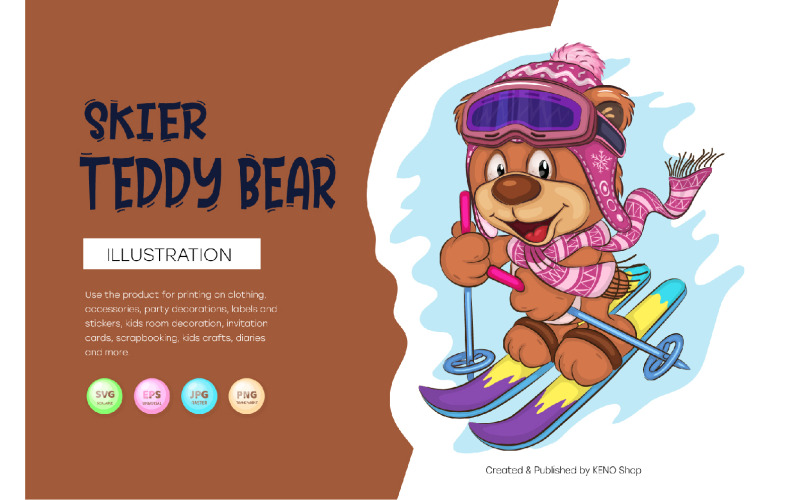 Cartoon-Teddybär-Skifahrer. T-Shirt, PNG, SVG.