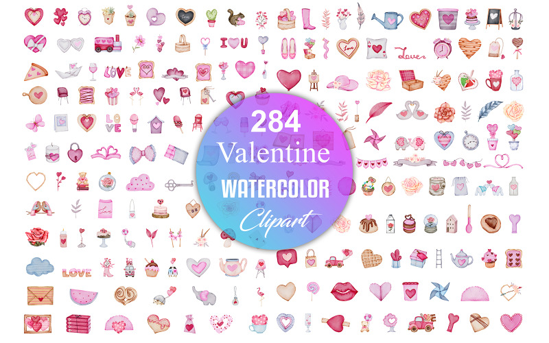 Valentin akvarell clipart csomag, Valentin akvarell illusztrációs készlet