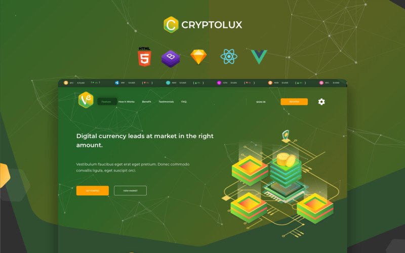 Cryptolux - Crypto Currency Landing Page React.js Vue.js HTML5 and Sketch Template