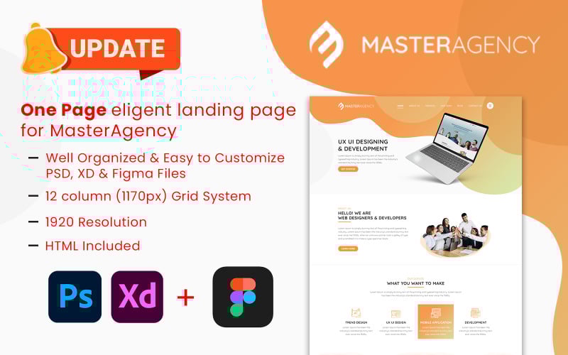 MasterAgency — Eén-pagina optisch fenomeen UI/UX-sjabloon (PSD, XD, Figma)