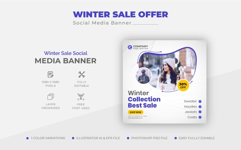 Creative Clean Winter Sale Offer Social Media Post Design or Web Banner Template