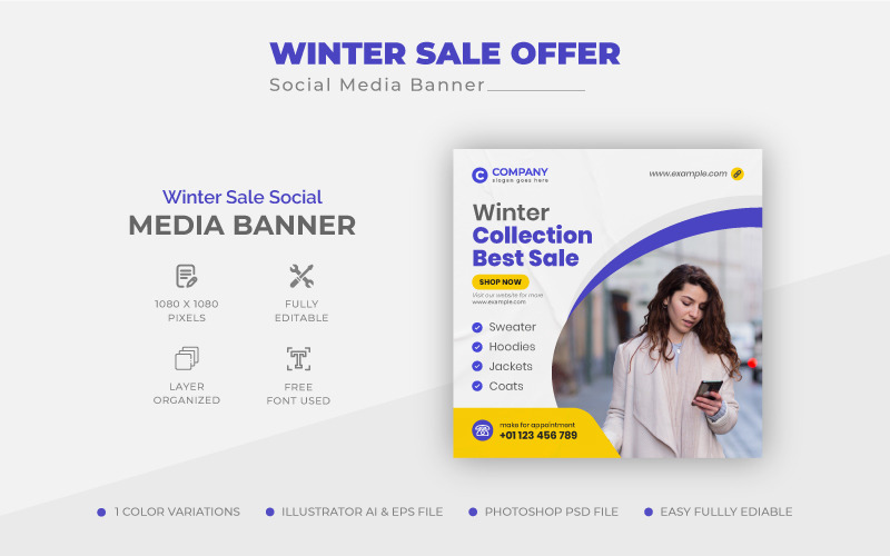 Design minimalista per post sui social media di vendita invernale o modello di banner Web