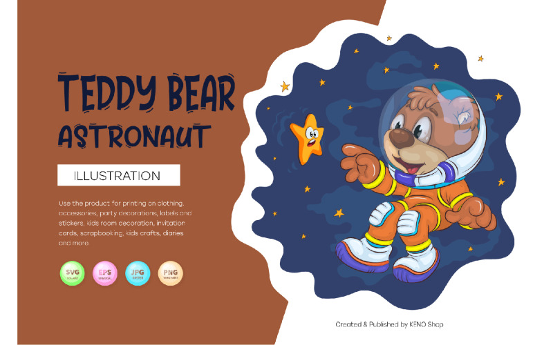 Kreslený astronaut medvídek. Tričko, PNG, SVG.