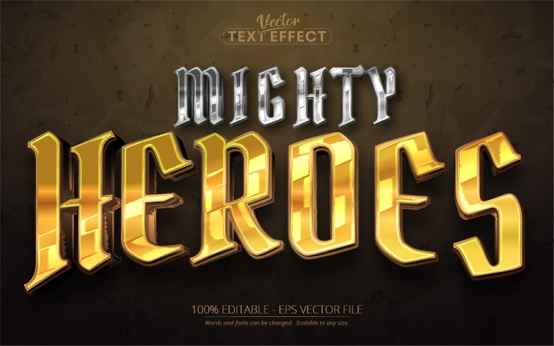 Mighty Heroes - upravitelný textový efekt, kovový zlatý a stříbrný styl textu, grafická ilustrace
