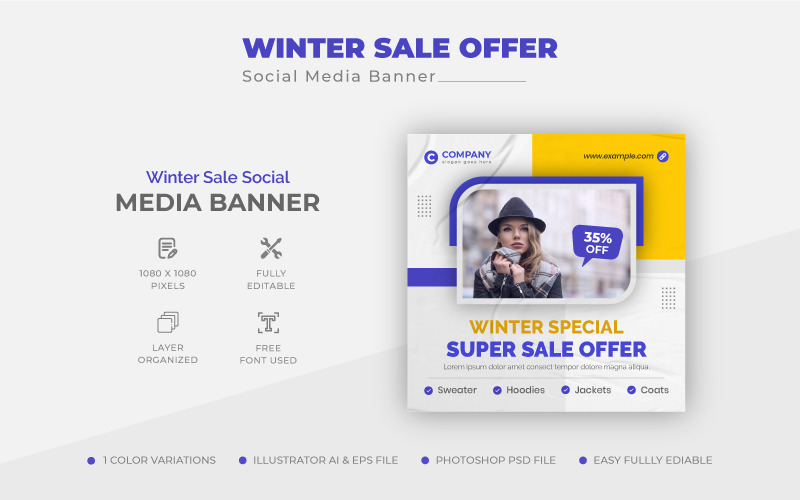 Modelo de banner criativo para oferta de venda de inverno nas mídias sociais