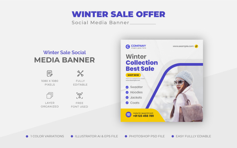 Modern Clean Winter Sale Social Media Post Design or Web Banner Template