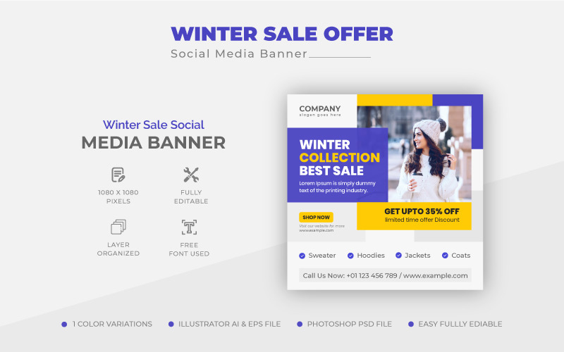Современное предложение зимней распродажи в социальных сетях или шаблон веб-баннера
