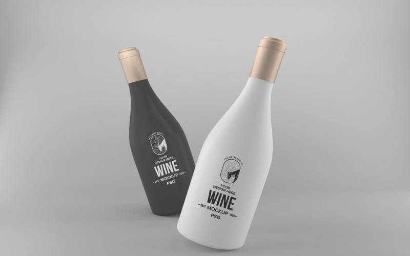 Rendu 3D de bouteilles de champagne noir et blanc mat sur fond gris
