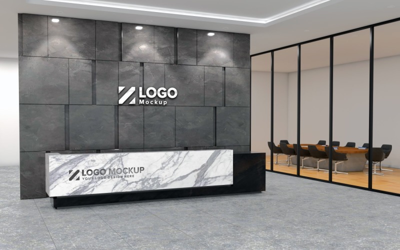 Rendering 3D di un ufficio moderno Interno della reception dell'ufficio