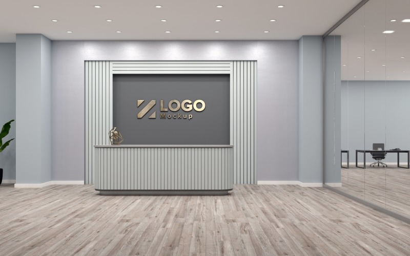 Balcão de recepção de escritório com parede preta e maquete de logotipo de sala de vidro