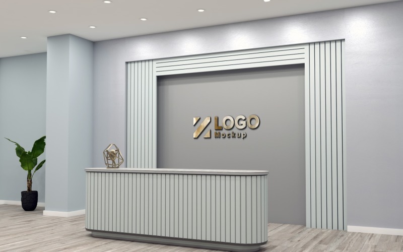Gri duvar Logo Mockup Şablonu ile Ofis Resepsiyon tezgahı