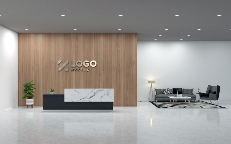 Interior de recepção de um estilo moderno de escritório com maquete de logotipo de parede de madeira