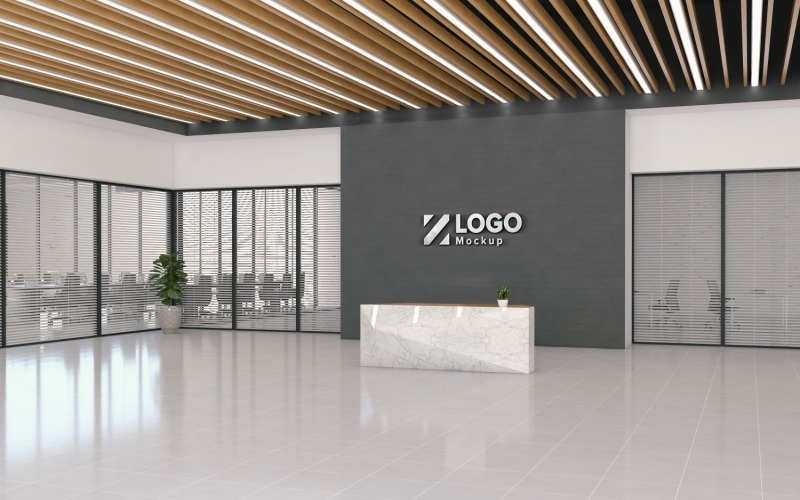 Kantoorreceptie met een mockup met logo op de muur van een vergaderruimte
