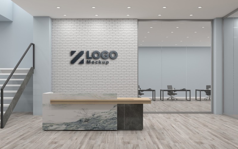 Mostrador de recepción de oficina con paredes de piedra Break Logo Mockup