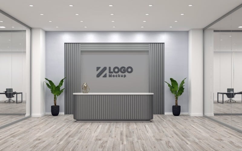 Office Reception counter with Gray wall With Meeting Room Logo Mockup Template