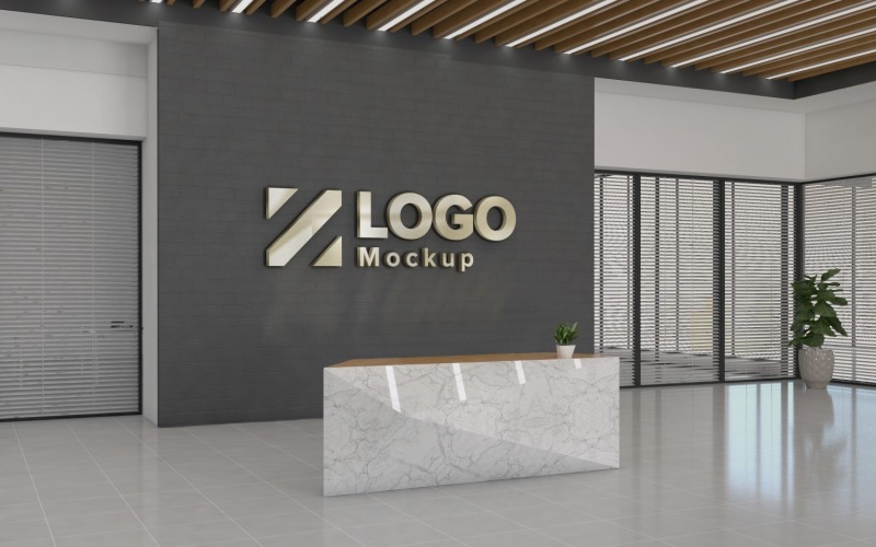 Recepcja biurowa z makieta logo czarnej ściany