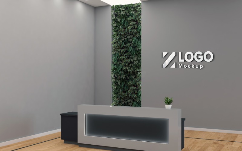 receptionsdisk med grå vägg-logotyp