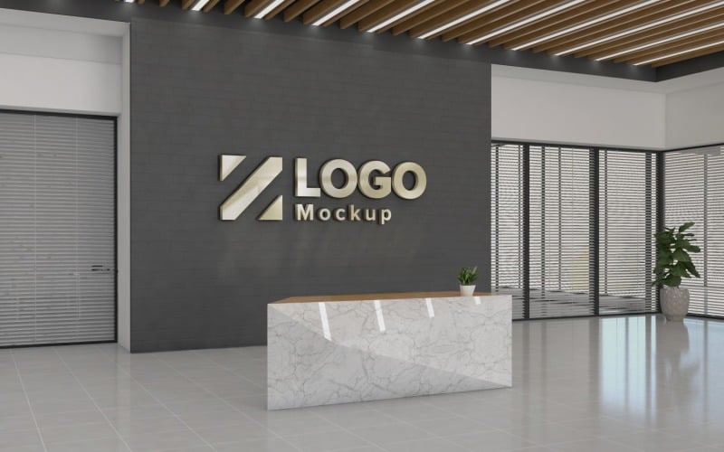 Siyah Duvar Logo Maketi ile Ofis Resepsiyonu