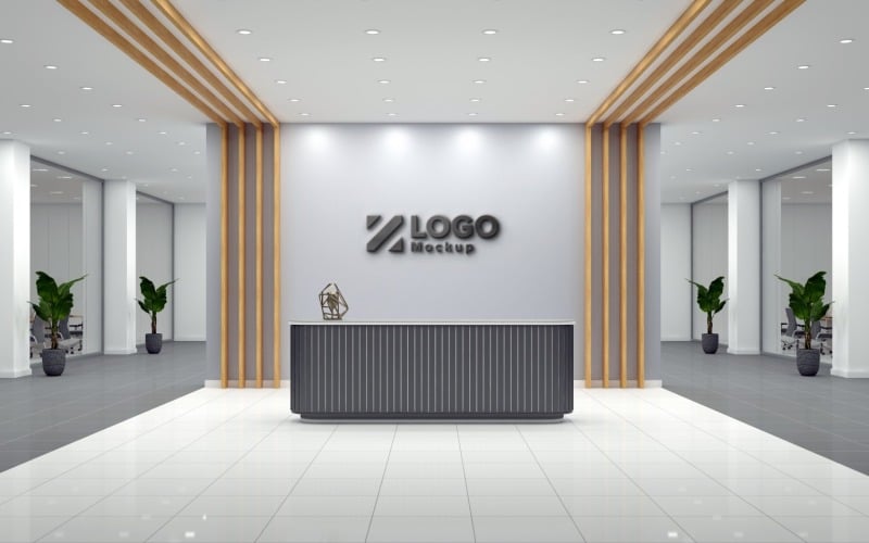 Balcão de recepção de escritório com parede cinza com maquete de logotipo de estilingue branco