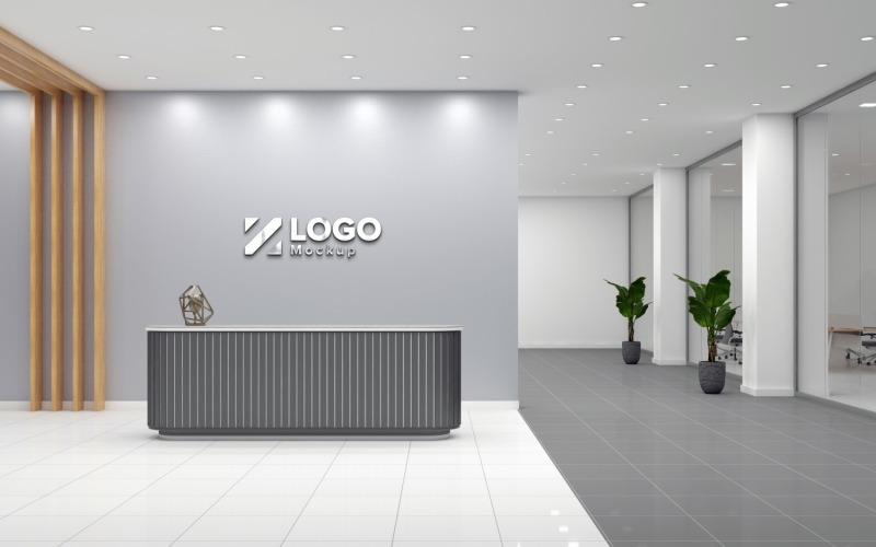 Balcão de recepção de escritório com parede cinza e modelo de maquete de logotipo de sala de reunião