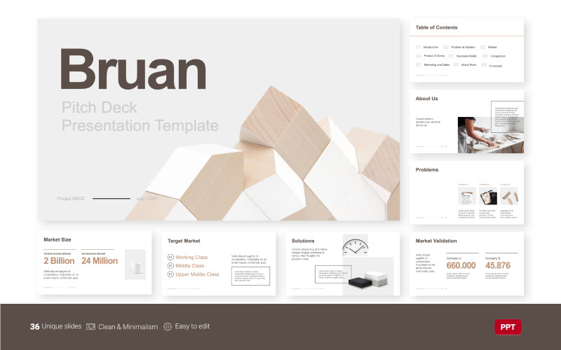 Bruan – Minimalista Pitch Deck sablon Powerpoint sablon