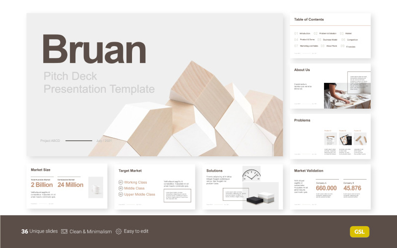 Bruan — minimalistyczny szablon Pitch Deck Szablon Google Slides