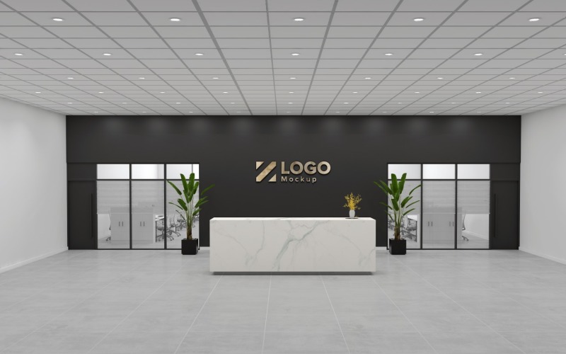 Hotel reception interior Marble texture Counter with Black Wall meeting Room Logo Mockup