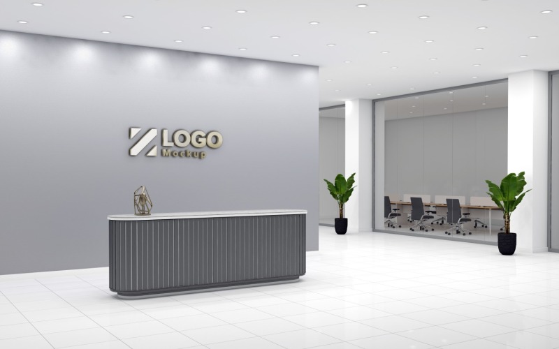 Hotelová recepce s šedou stěnou Logo Mockup Template