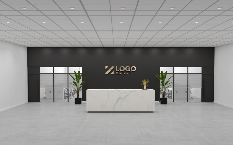 Hotelrezeption Interieur Marmortextur Theke mit schwarzer Wand Konferenzraum Logo Mockup