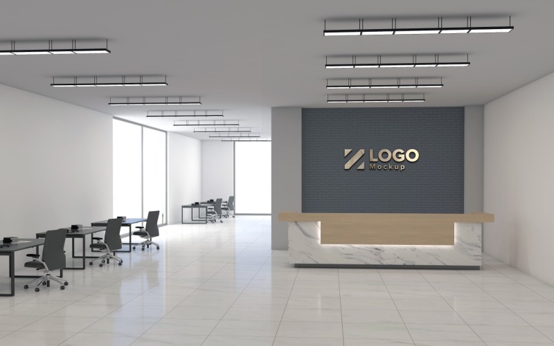 Интерьер приемной современного офиса Counter Break Wall с шаблоном макета логотипа конференц-зала