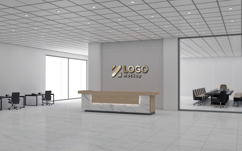 Интерьер приемной современного офиса Counter Grey Break Wall с макетом логотипа конференц-зала