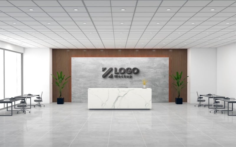 Interior de recepción de hotel moderno Mostrador de textura de mármol con maqueta de logotipo de sala de reuniones de pared de mármol