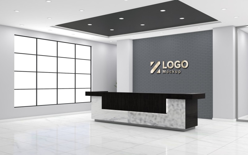 Interior de recepción de oficina moderna Counter Break Black Wall con sala de reuniones Logo Mockup