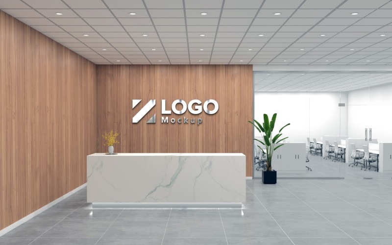 Modelo de maquete de parede de madeira interior de recepção de escritório moderno com logotipo de balcão de mármore