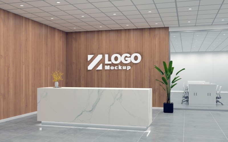 Modern irodai recepció belső fa fal márvány pult logóval makett