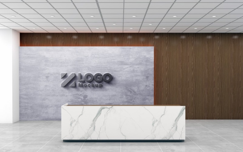 Modern kantoor receptie interieur Marmeren textuur Teller met marmeren muur vergaderzaal Logo Mockup