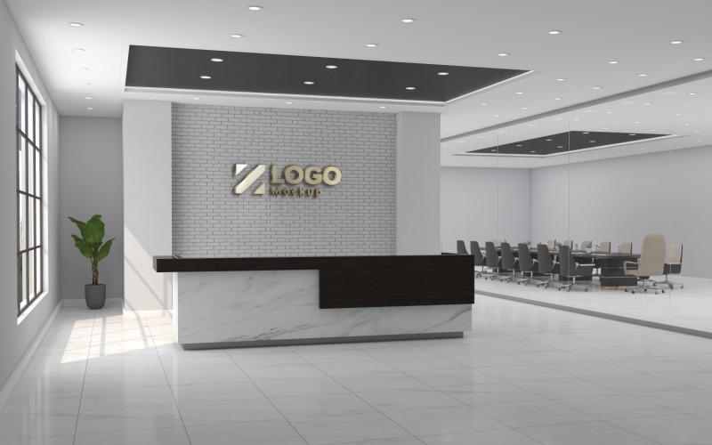 Modern kantoor receptie interieur Marmeren toonbank Teller grijze muur met vergaderruimte Logo Mockup