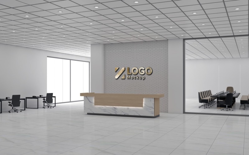 Modern kontor mottagning interiör trä disk grå bryta vägg med mötesrum Logotyp mockup mall