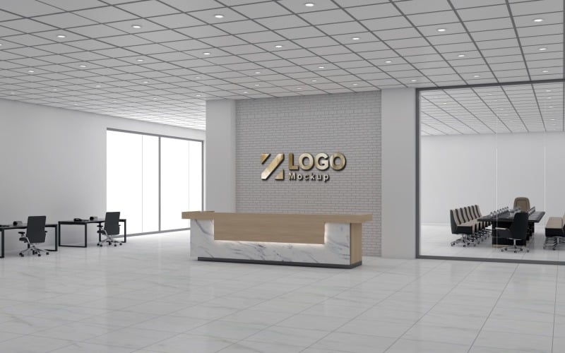 Modern Office reception interior Counter Gray Break Wall with meeting Room Logo Mockup