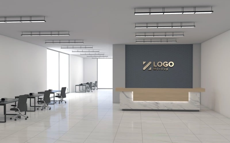 Moderna parede de balcão de recepção de escritório interior com modelo de maquete de logotipo de sala de reunião