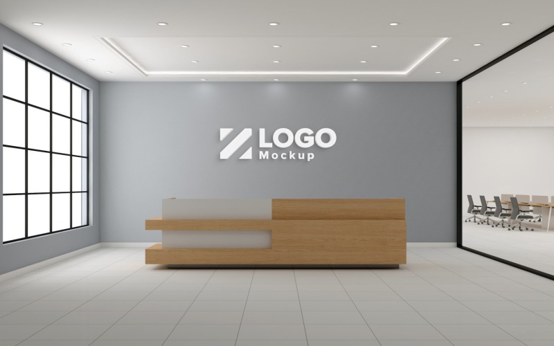 Moderne Büro-Empfangs-Inneneinrichtung, graue Wand mit Besprechungsraum-Logo-Mockup-Vorlage