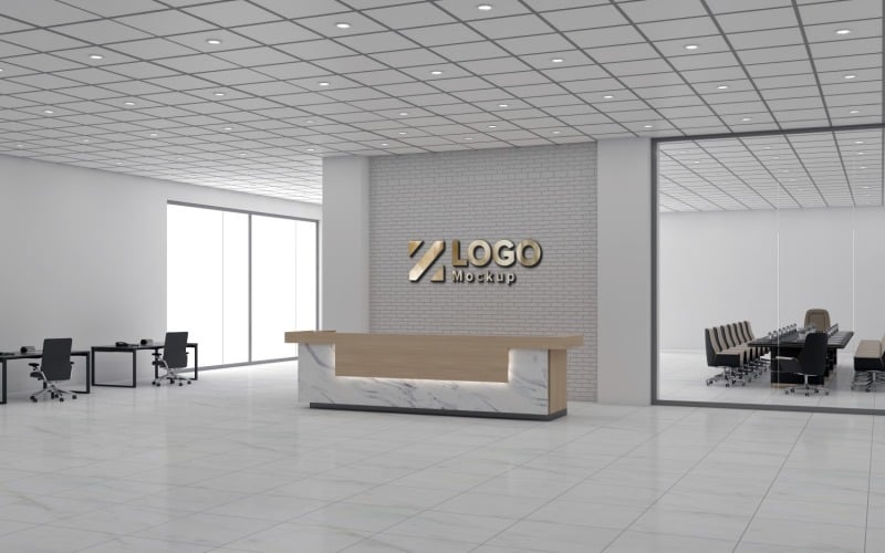 Moderno ufficio reception interno Counter Grey Break Wall con sala riunioni Logo Mockup