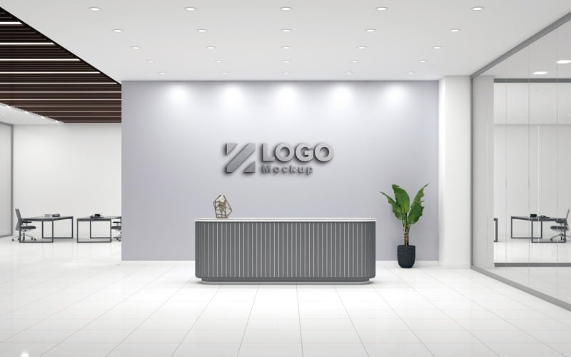 Office Reception counter with Gray wall With Meeting Room Logo Mockup