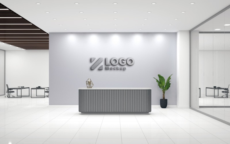 Стойка регистрации офиса с серой стеной и макетом логотипа конференц-зала