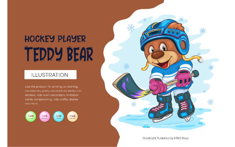 Cartoon teddybeer hockey. T-shirt, PNG, SVG.
