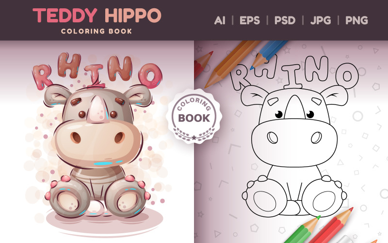 Teddy Rhino - Gioco per bambini, libro da colorare, illustrazione grafica